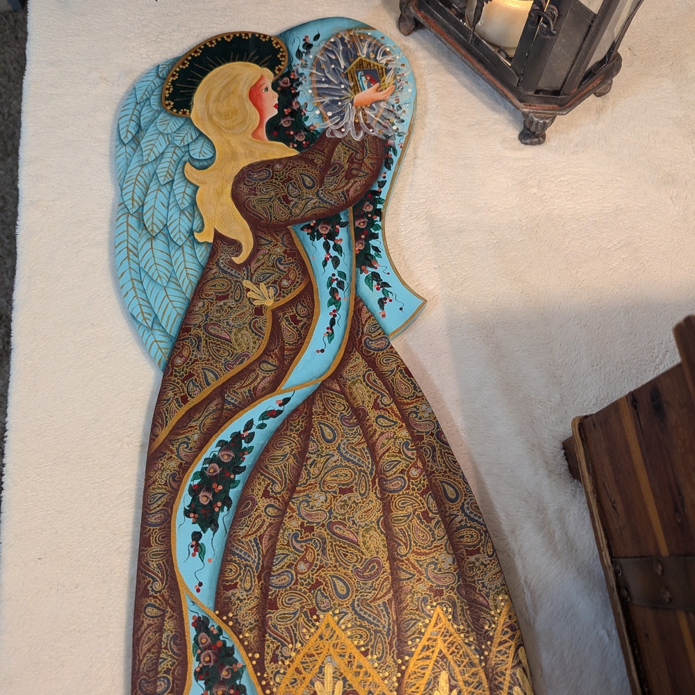 Hand-Painted Angel Wall Art in Turquoise and Gold